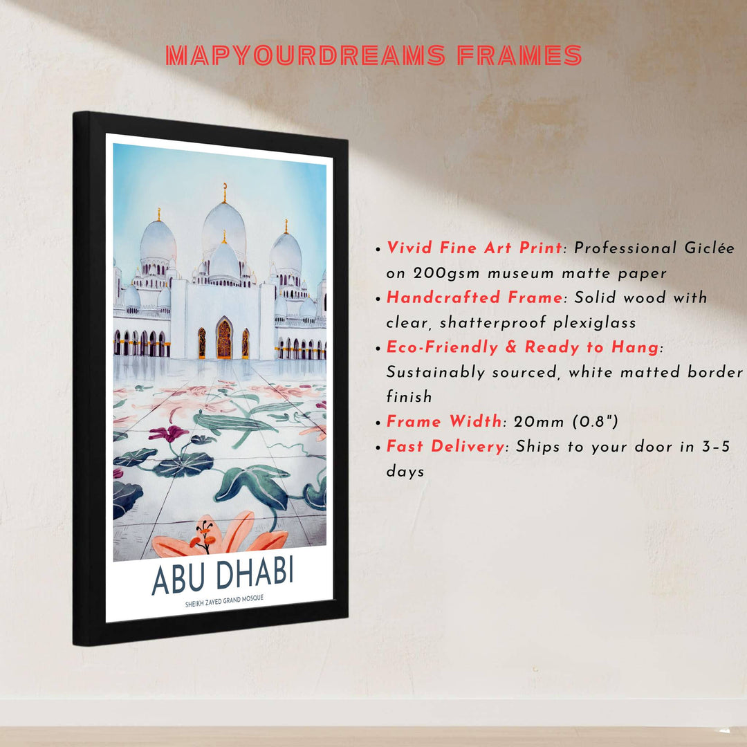Architectural art print of sacred Sheikh Zayed Grand Mosque in Abu Dhabi UAE with marble courtyard floral inlays and white arcades. Built by MapYourDreams, this artwork is available in flexible options including unframed paper, custom wooden frames, and gallery canvas wraps for modern apartment decor.