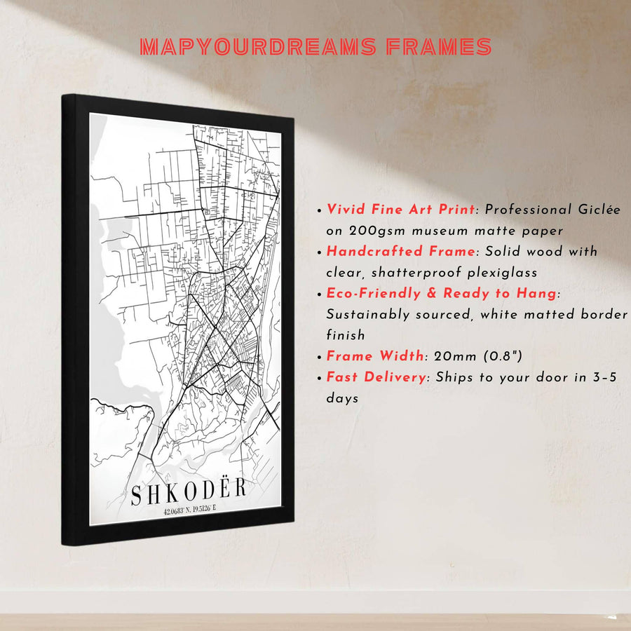This high-resolution black and white map print of Shkodër, Albania, brings cartographic precision and contemporary style to gallery walls. Discover versatile choices including unframed matte prints, custom-framed options, and dimensional canvas wraps.