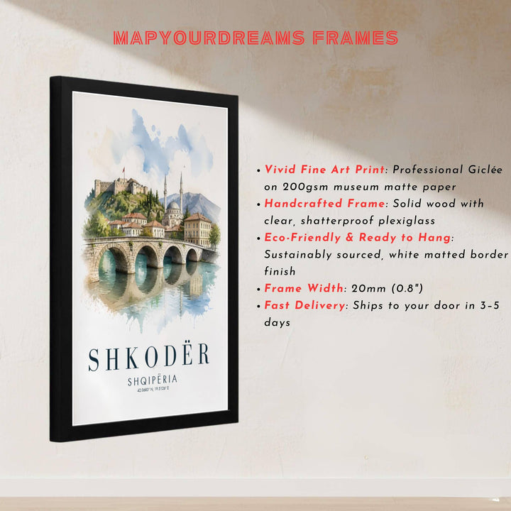 This delicate watercolor artwork of Shkodër Albania captures rich stone fortress textures for sophisticated interior styling. Discover versatile options including unframed matte prints, custom-framed options, and dimensional canvas wraps.