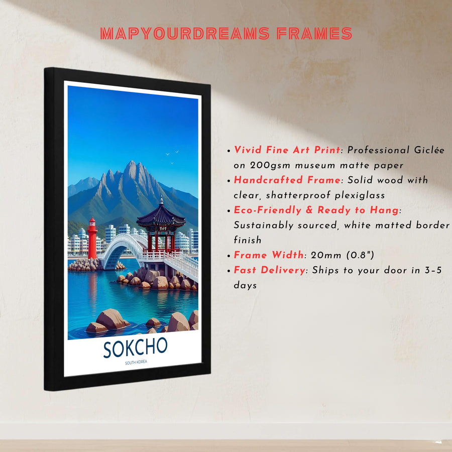 Contemporary coastal landscape print depicting the peaceful East Sea atmosphere of Sokcho South Korea, presented by MapYourDreams in customizable choices like unframed paper, gold framing, and gallery canvas created to enrich modern living rooms and workspace areas.