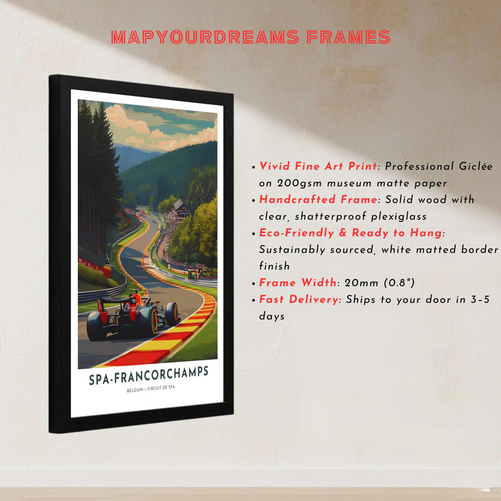 Vibrant red and yellow racing track accents highlighted in this Spa-Francorchamps Belgium poster art for modern interiors. Offered by MapYourDreams, this artwork is available in flexible options including unframed paper, custom wooden frames, and gallery canvas wraps.