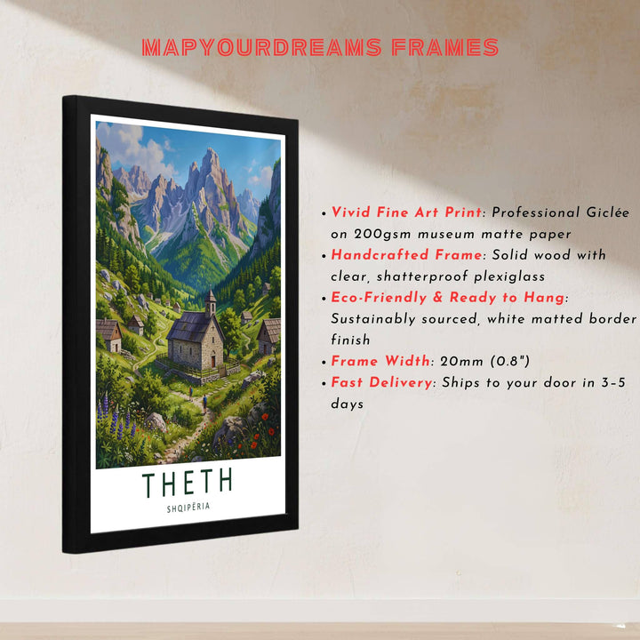 This delicate illustrative artwork of Theth Albania captures rich stone textures and alpine flora for sophisticated interior styling. Discover versatile options including unframed matte prints, custom-framed options, and dimensional canvas wraps.