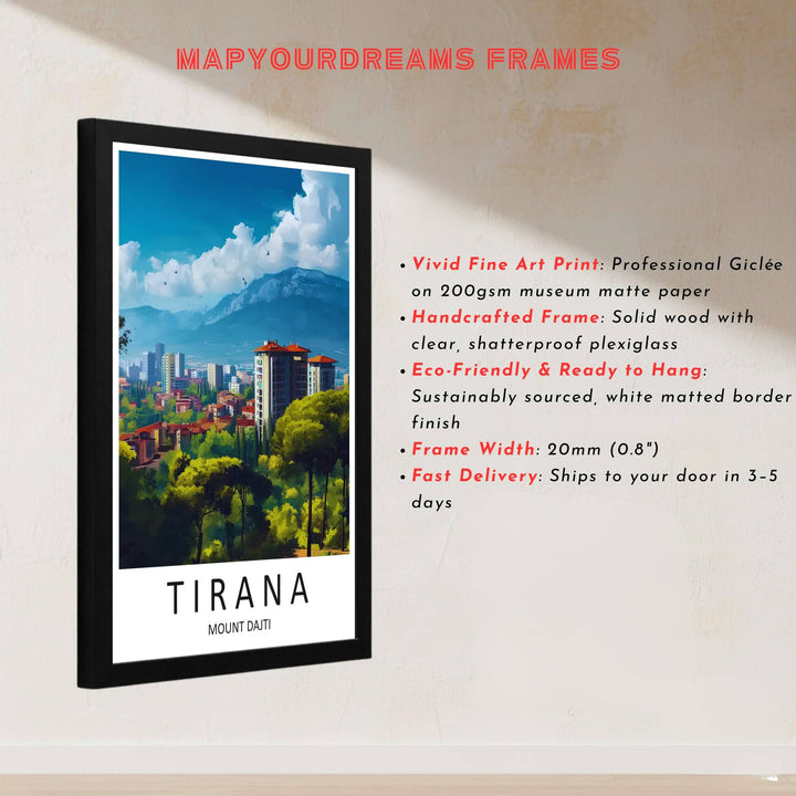 This delicate retro artwork of Tirana Albania captures rich geographic textures and clear alpine skies for sophisticated interior styling. Discover versatile options including unframed matte prints, custom wood frames, and dimensional canvas wraps.