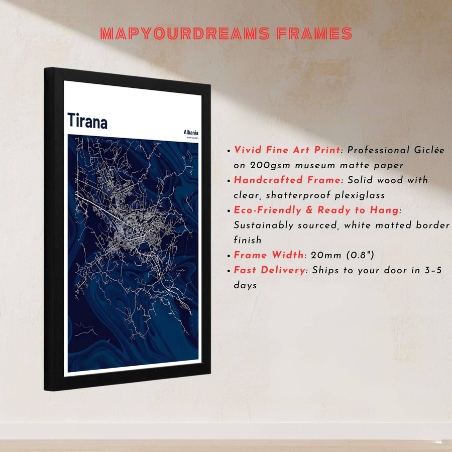 This high-resolution navy marble map print of Tirana, Albania, brings cartographic precision and contemporary style to gallery walls. Discover versatile choices including unframed matte prints, custom-framed options, and dimensional canvas wraps.
