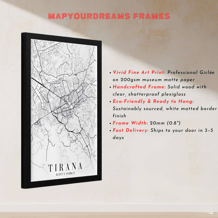 This high-resolution black and white map print of Tirana, Albania, brings cartographic precision and contemporary style to gallery walls. Discover versatile choices including unframed matte prints, custom-framed options, and dimensional canvas wraps.