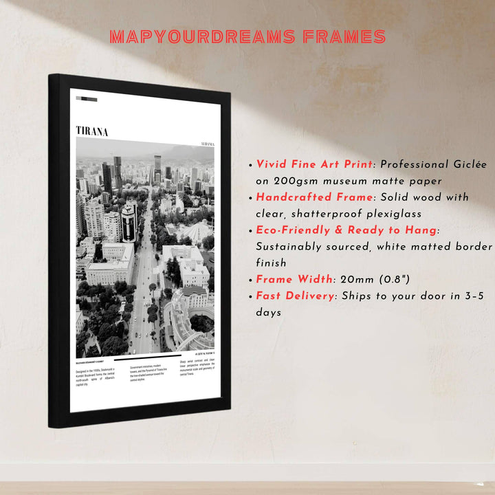 This delicate Black &amp; White photographic artwork of Tirana Albania captures rich urban geometry and clear daylight skies through professional camera lenses for sophisticated interior styling. Discover versatile options including unframed matte prints, custom-framed options, and dimensional canvas wraps.