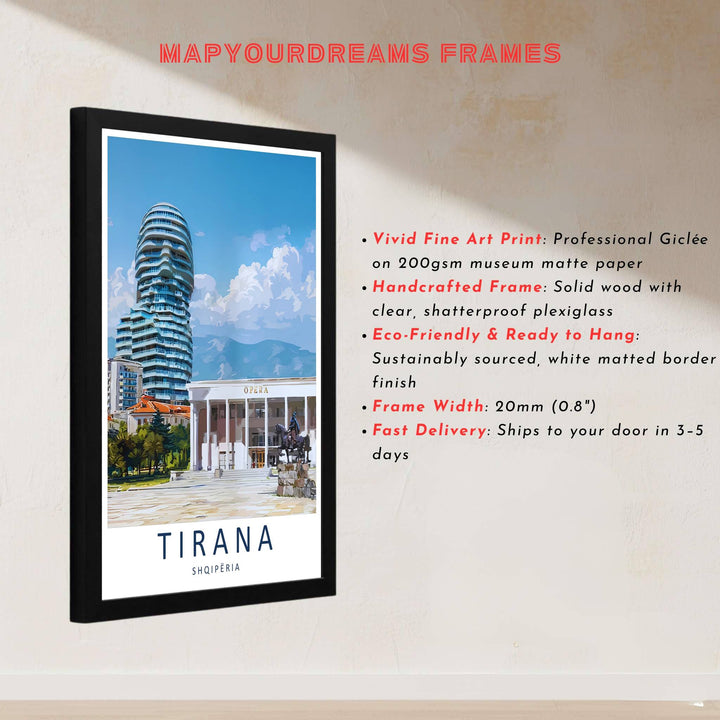 This delicate contemporary artwork of Tirana Albania captures rich geographic textures and clear skies for sophisticated interior styling. Discover versatile options including unframed matte prints, custom wood frames, and dimensional canvas wraps.