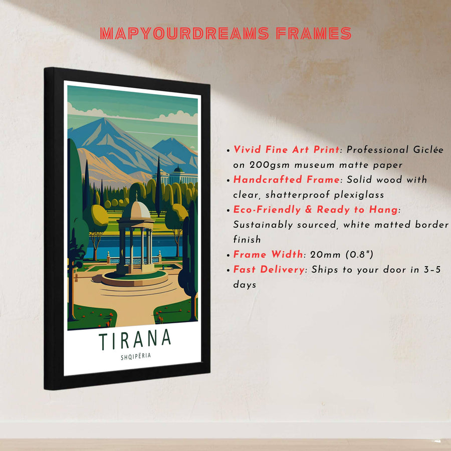 This delicate retro artwork of Tirana Albania captures rich organic textures and clear skies for sophisticated interior styling. Discover versatile options including unframed matte prints, custom wood frames, and dimensional canvas wraps.