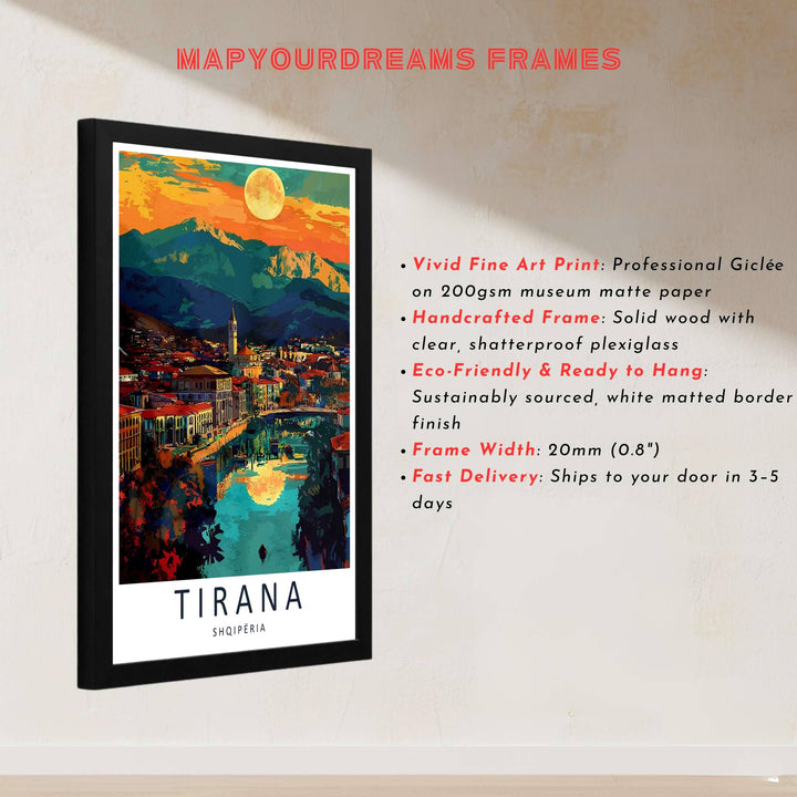 This delicate expressionistic artwork of Tirana Albania captures rich color textures and warm twilight skies for sophisticated interior styling. Discover versatile options including unframed matte prints, custom wood frames, and dimensional canvas wraps.