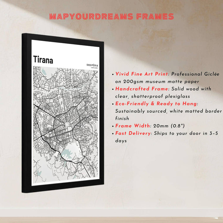 This high-resolution grey and black map print of Tirana, Albania, brings cartographic precision and contemporary style to gallery walls. Discover versatile choices including unframed matte prints, custom-framed options, and dimensional canvas wraps.