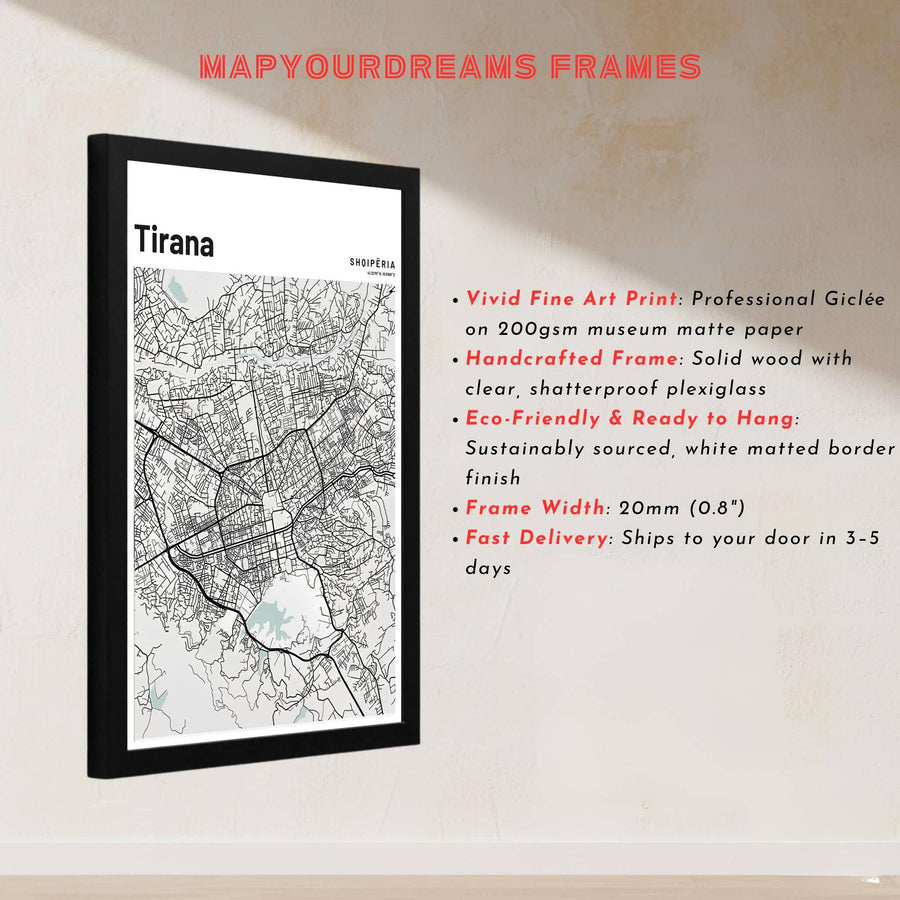 This high-resolution grey and black map print of Tirana, Albania, brings cartographic precision and contemporary style to gallery walls. Discover versatile choices including unframed matte prints, custom-framed options, and dimensional canvas wraps.