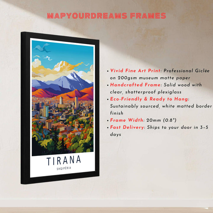 This delicate retro artwork of Tirana Albania captures rich geographic textures and clear twilight skies for sophisticated interior styling. Discover versatile options including unframed matte prints, custom wood frames, and dimensional canvas wraps.
