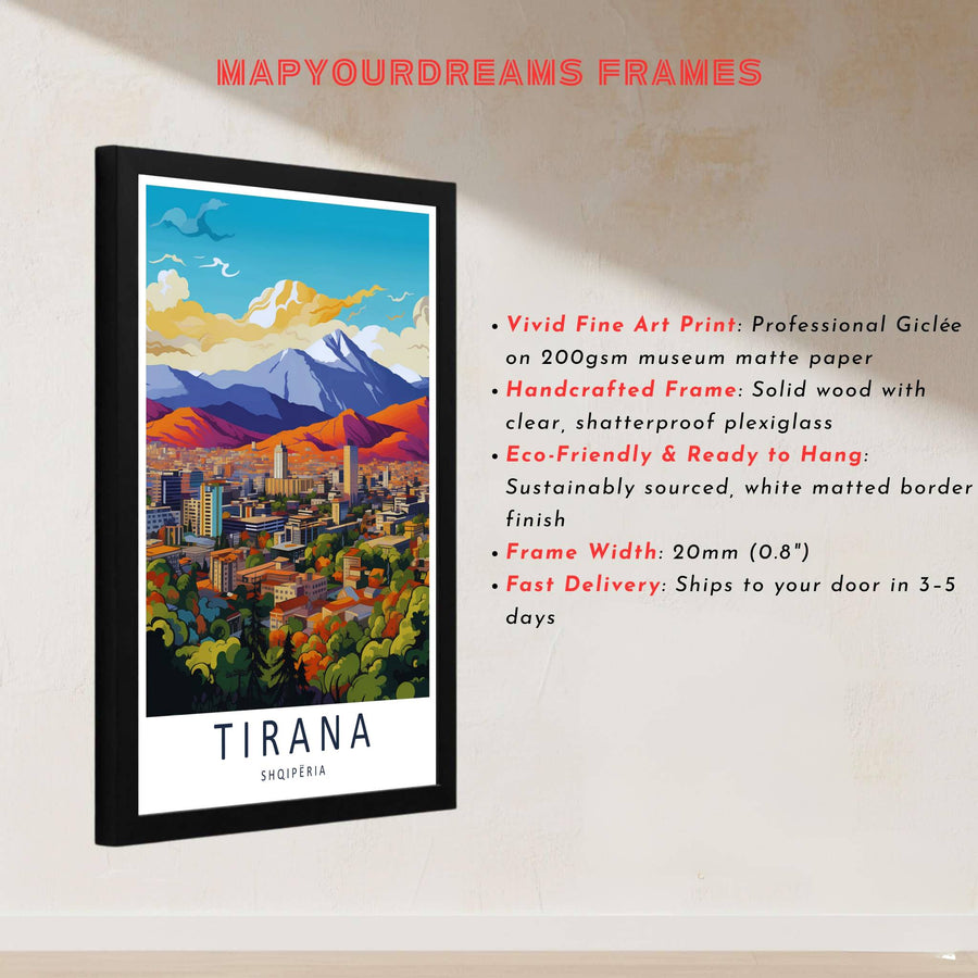 This delicate retro artwork of Tirana Albania captures rich geographic textures and clear twilight skies for sophisticated interior styling. Discover versatile options including unframed matte prints, custom wood frames, and dimensional canvas wraps.