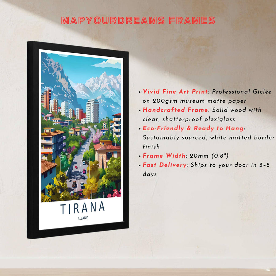 This delicate retro artwork of Tirana Albania captures rich geographic textures and clear blue skies for sophisticated interior styling. Discover versatile options including unframed matte prints, custom wood frames, and dimensional canvas wraps.