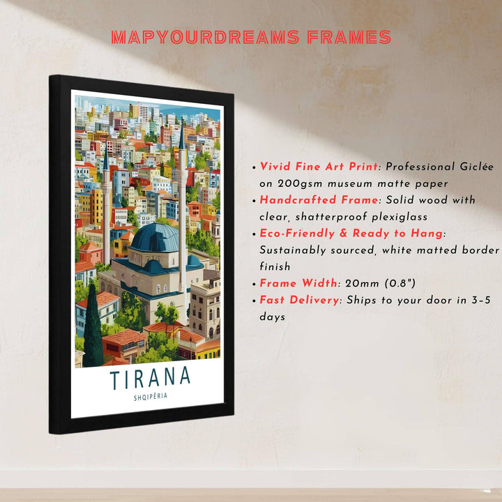 This delicate vector artwork of Tirana Albania captures rich architectural textures and clear blue skies for sophisticated interior styling. Discover versatile options including unframed matte prints, custom wood frames, and dimensional canvas wraps.