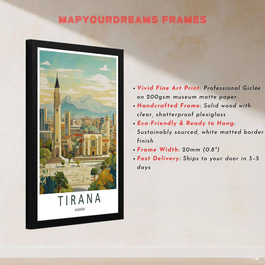 This delicate retro artwork of Tirana Albania captures rich architectural textures and clear blue skies for sophisticated interior styling. Discover versatile options including unframed matte prints, custom wood frames, and dimensional canvas wraps.