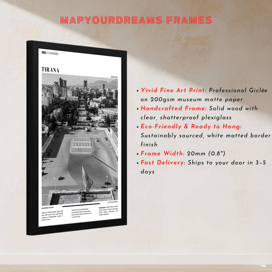 This delicate Black &amp; White photographic artwork of Tirana Albania captures rich urban geometry and clear daylight skies through professional camera lenses for sophisticated interior styling. Discover versatile options including unframed matte prints, custom-framed options, and dimensional canvas wraps.