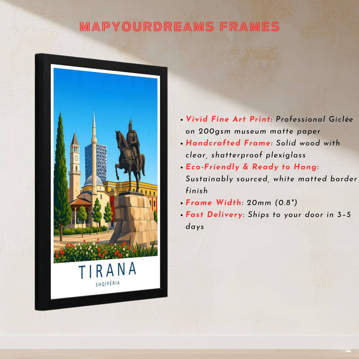 This delicate vector artwork of Tirana Albania captures rich architectural textures and clear blue skies for sophisticated interior styling. Discover versatile options including unframed matte prints, custom wood frames, and dimensional canvas wraps.