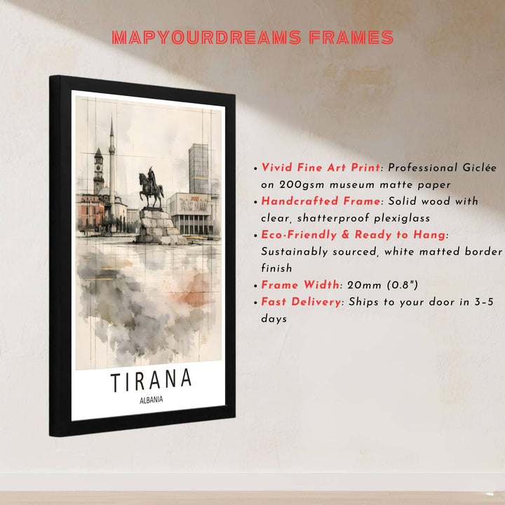 This delicate mixed-media artwork of Tirana Albania captures rich drafting textures and fluid watercolor washes for sophisticated interior styling. Discover versatile options including unframed matte prints, custom-framed options, and dimensional canvas wraps.