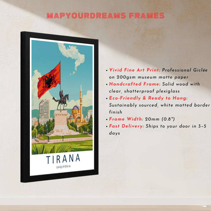 This delicate vector artwork of Tirana Albania captures rich architectural textures and clear blue skies for sophisticated interior styling. Discover versatile options including unframed matte prints, custom wood frames, and dimensional canvas wraps.