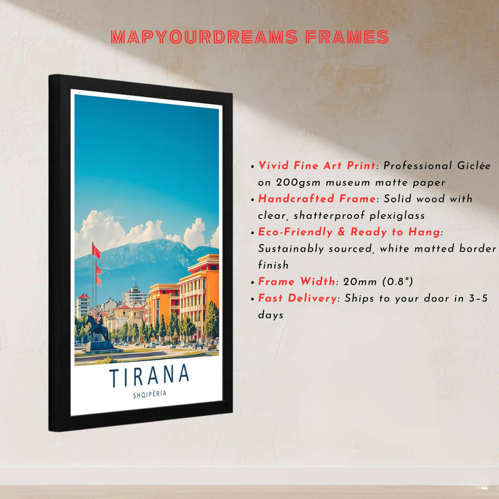 This delicate vector artwork of Tirana Albania captures rich architectural textures and clear blue skies for sophisticated interior styling. Discover versatile options including unframed matte prints, custom wood frames, and dimensional canvas wraps.
