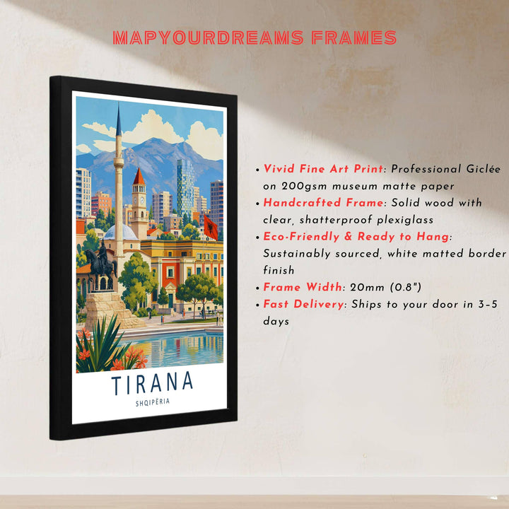 This delicate vintage artwork of Tirana Albania captures rich architectural textures and clear blue skies for sophisticated interior styling. Discover versatile options including unframed matte prints, custom-framed options, and dimensional canvas wraps.