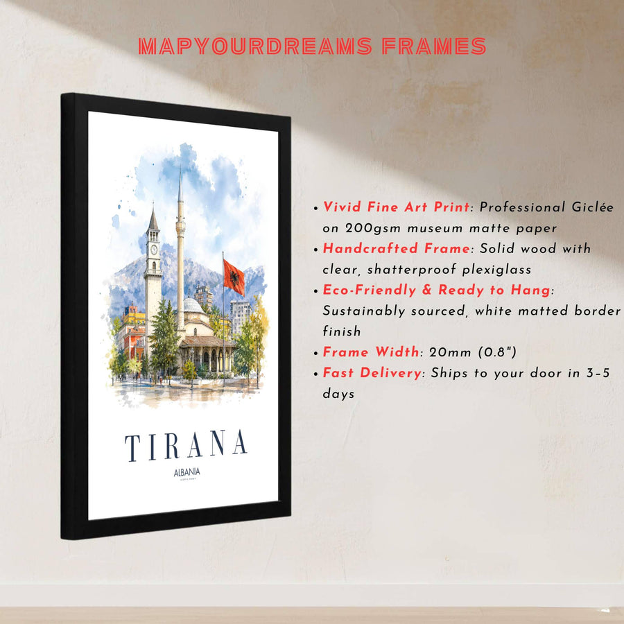 This delicate watercolor artwork of Tirana Albania captures rich painted textures and soft atmospheric skies for sophisticated interior styling. Discover versatile options including unframed matte prints, custom wood frames, and dimensional canvas wraps.