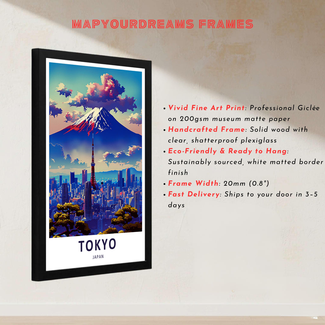 Detailed Japan skyline poster featuring Mount Fuji mountain and surrounding Tokyo city skyscrapers. Offered by MapYourDreams, this artwork is available in flexible options including unframed paper, custom wooden frames, and gallery canvas wraps.