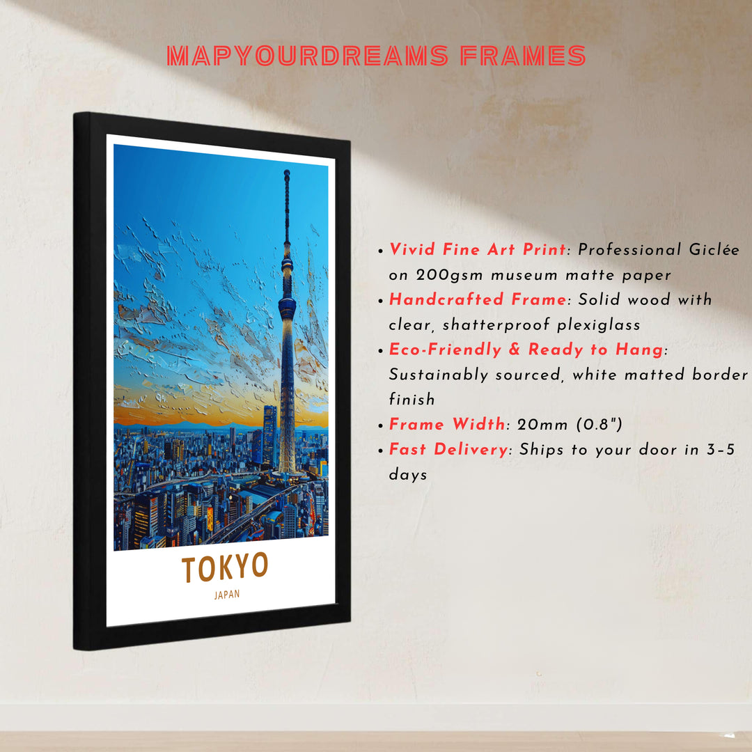 Tokyo Skytree travel print rendered in vibrant cerulean blue, glowing dusk orange, and deep navy hues. Offered by MapYourDreams, this artwork is available in flexible options including unframed paper, custom wooden frames, and gallery canvas wraps.