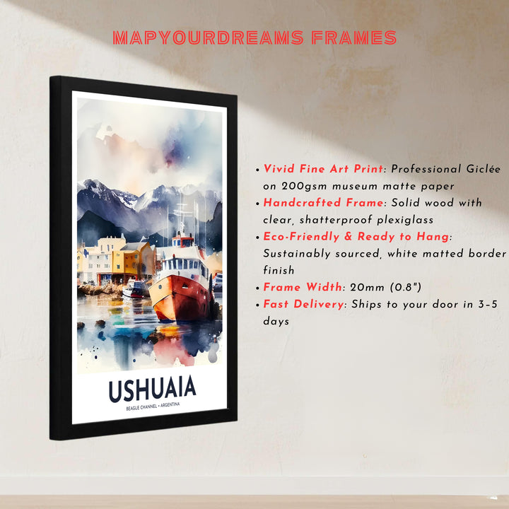 Nestled along the famous channel in Argentine Patagonia, this Ushuaia port poster brings nautical coastal beauty to modern interiors, presented by MapYourDreams with your choice of fine paper, elegant wooden frames, or gallery canvas finishes.