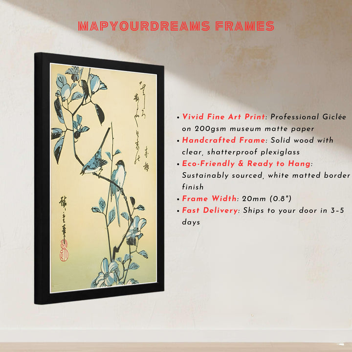 Japanese museum exhibition poster Birds Flowering Branch by artist Utagawa Hiroshige featuring an 1832 bird woodblock print from Edo Botanical Garden. MapYourDreams presents quality framed, unframed, and canvas print options for home decor.