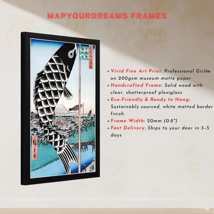 Japanese museum exhibition poster Giant Carp Streamer by artist Utagawa Hiroshige featuring an 1857 Mount Fuji woodblock print from Mount Fuji Suidō Bridge. MapYourDreams presents quality framed, unframed, and canvas print options for home decor.