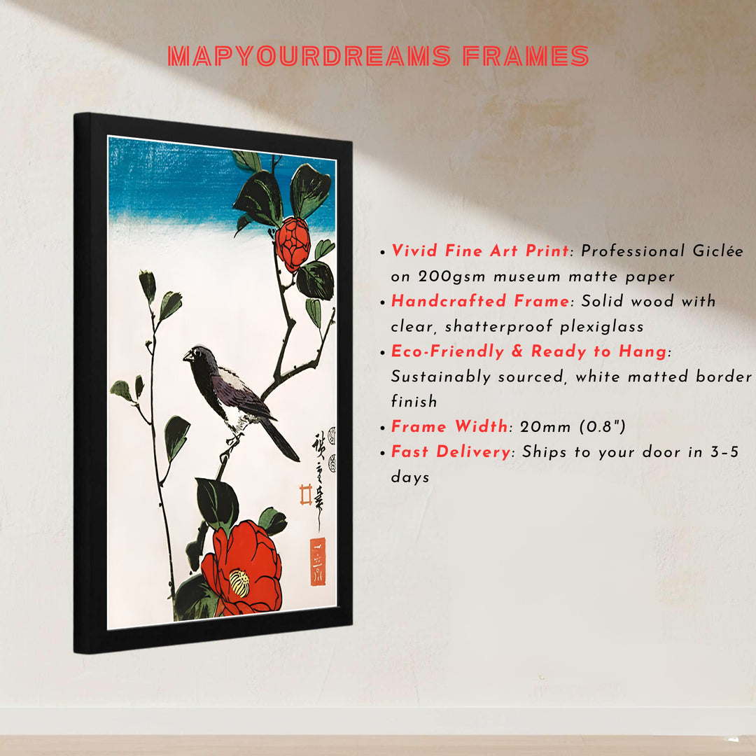 Japanese museum exhibition poster Java Sparrow Camellia by artist Utagawa Hiroshige featuring an 1830 bird woodblock print from Kyoto Camellia Garden. MapYourDreams presents quality framed, unframed, and canvas print options for home decor.