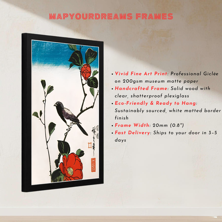 Japanese museum exhibition poster Java Sparrow Camellia by artist Utagawa Hiroshige featuring an 1830 bird woodblock print from Kyoto Camellia Garden. MapYourDreams presents quality framed, unframed, and canvas print options for home decor.