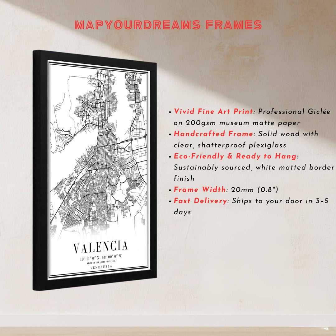 Vector style map illustration depicting the road intersections and avenue contours of Valencia in northern Venezuela. Handcrafted by MapYourDreams, customers can select from convenient options like unframed prints, ready-to-hang wooden frames, or gallery canvas wraps.