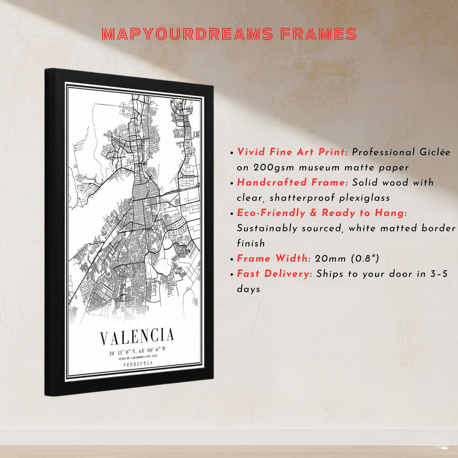 Vector style map illustration depicting the road intersections and avenue contours of Valencia in northern Venezuela. Handcrafted by MapYourDreams, customers can select from convenient options like unframed prints, ready-to-hang wooden frames, or gallery canvas wraps.