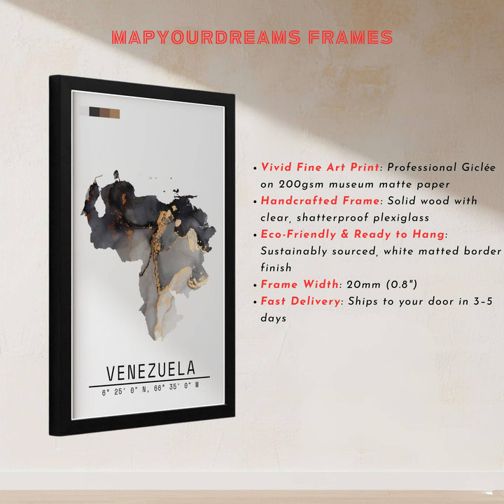 Fluid art country silhouette illustration depicting gilded gold streams and charcoal clouds inside Venezuela&