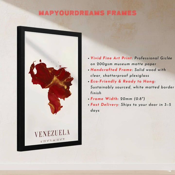Fluid art country silhouette illustration depicting gilded gold streams and ruby red swirls inside Venezuela&
