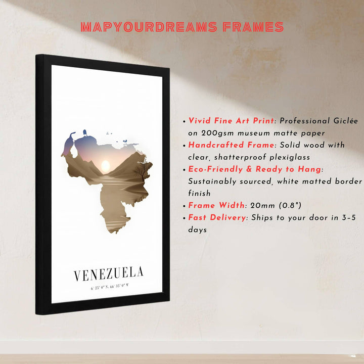 Vector double exposure illustration depicting a golden desert sunset and twilight sky inside the geographic boundary of Venezuela. Handcrafted by MapYourDreams, customers can select from convenient options like unframed prints, ready-to-hang wooden frames, or gallery canvas wraps.