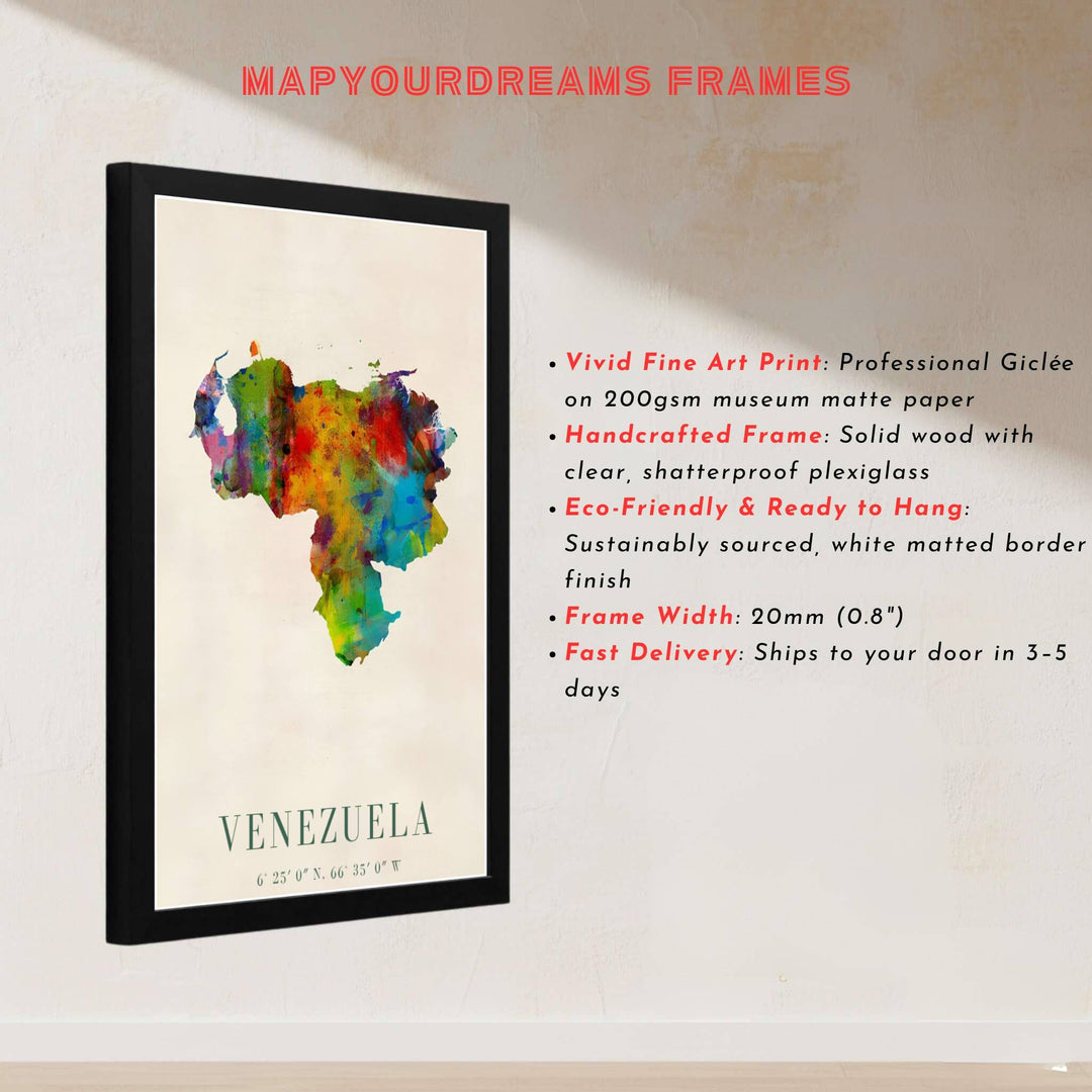 Abstract watercolor map landscape print showing multi-hued paint bleeding, dripping effects, and official coordinates in Venezuela. Designed by MapYourDreams to suit modern interiors, this piece comes in versatile choices like unframed paper, solid wood frames, and gallery canvas formats.