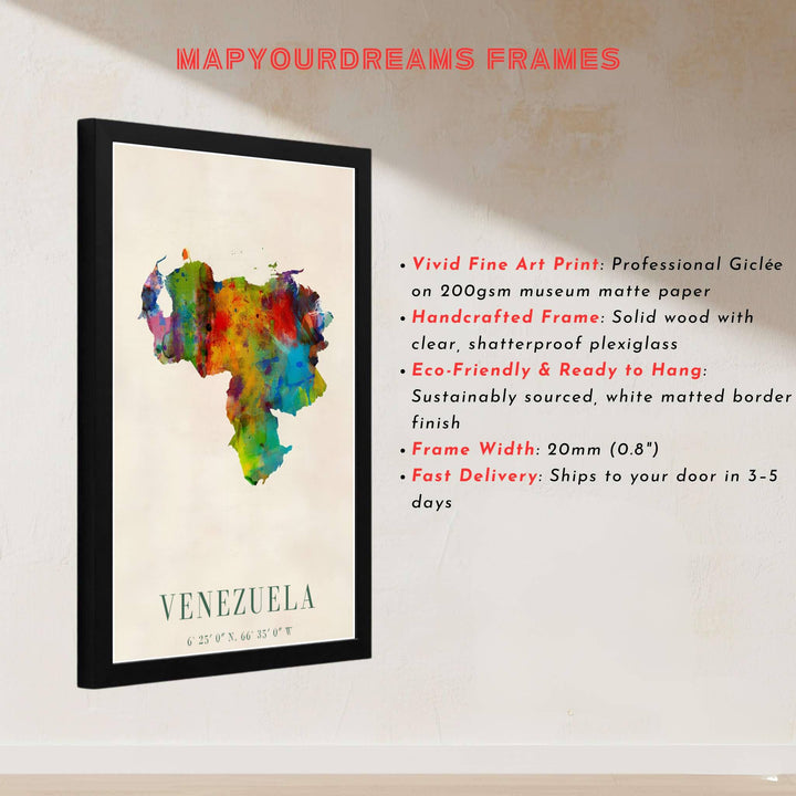 Abstract watercolor map landscape print showing multi-hued paint bleeding, dripping effects, and official coordinates in Venezuela. Designed by MapYourDreams to suit modern interiors, this piece comes in versatile choices like unframed paper, solid wood frames, and gallery canvas formats.