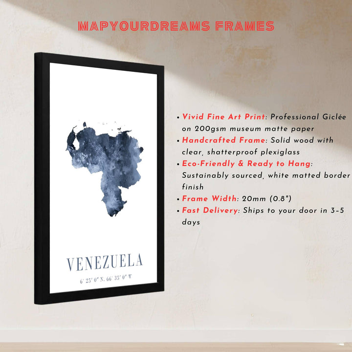 Minimalist cartographic print showing navy blue watercolor bleeding, paper textures, and official coordinates in Venezuela. Designed by MapYourDreams to suit modern interiors, this piece comes in versatile choices like unframed paper, solid wood frames, and gallery canvas formats.