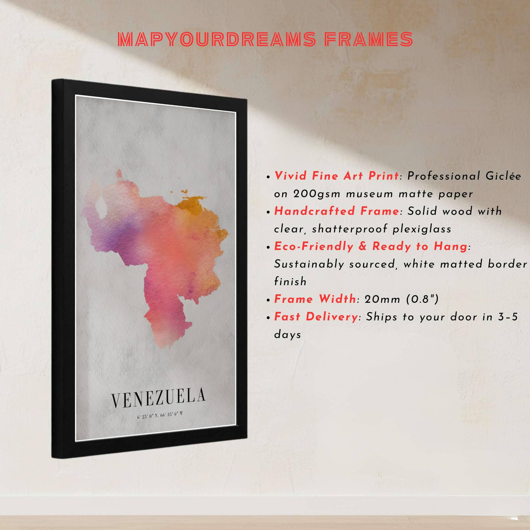 Romantic cartographic print showing delicate watercolor bleeding, parchment textures, and official coordinates in Venezuela. Designed by MapYourDreams to suit modern interiors, this piece comes in versatile choices like unframed paper, solid wood frames, and gallery canvas formats.
