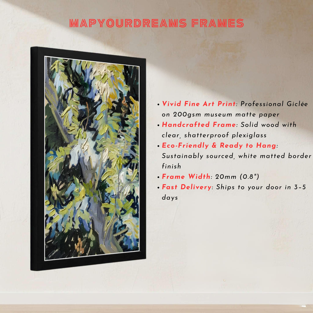 French post-impressionist landscape art print of Vincent van Gogh Blossoming Acacia Branches 1890 highlighting blooming flora in Auvers-sur-Oise France. Explore ready-to-hang framed wall art, unframed paper prints, and gallery canvas decor available directly from the MapYourDreams shop.