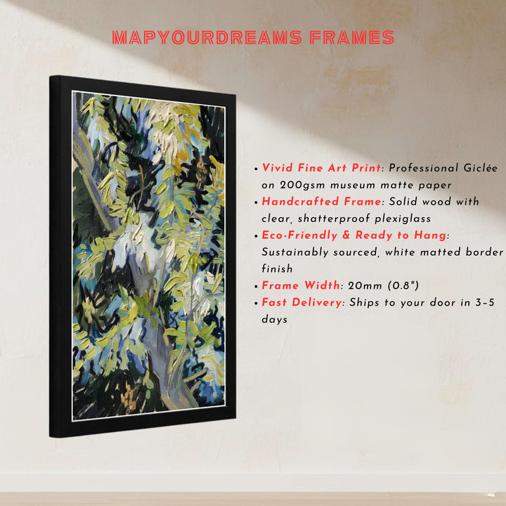 French post-impressionist landscape art print of Vincent van Gogh Blossoming Acacia Branches 1890 highlighting blooming flora in Auvers-sur-Oise France. Explore ready-to-hang framed wall art, unframed paper prints, and gallery canvas decor available directly from the MapYourDreams shop.
