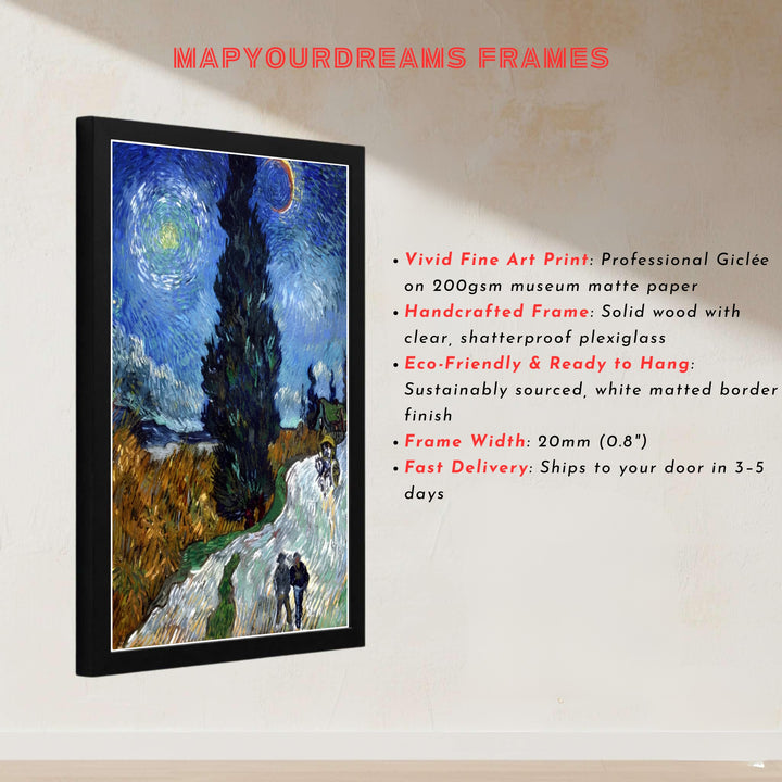 European master painter art print of Vincent van Gogh Country Road in Provence by Night 1890 displaying swirling sky patterns in Saint-Rémy-de-Provence France. MapYourDreams presents quality framed wall art, unframed poster options, and stretched canvas formats for residential spaces.