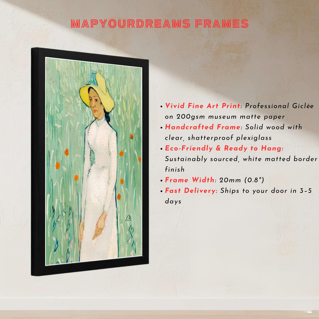 European master painter art print of Vincent van Gogh Girl in White 1890 displaying textured oil brushwork in Auvers-sur-Oise France. MapYourDreams presents quality framed wall art, unframed poster options, and stretched canvas formats for curated residential spaces.