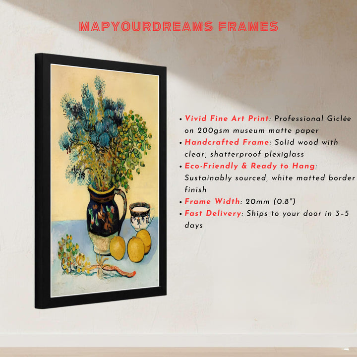 European master painter art print of Vincent van Gogh Majolica Jar Wildflowers 1888 displaying textured impasto brushwork in Arles France. MapYourDreams presents quality framed wall art, unframed poster options, and stretched canvas formats for curated residential spaces.