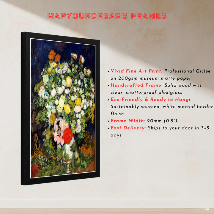 European master painter art print of Vincent van Gogh Vase With Flowers 1890 displaying textured oil paint layers in Auvers-sur-Oise France. MapYourDreams presents quality framed wall art, unframed poster options, and stretched canvas formats for curated residential spaces.