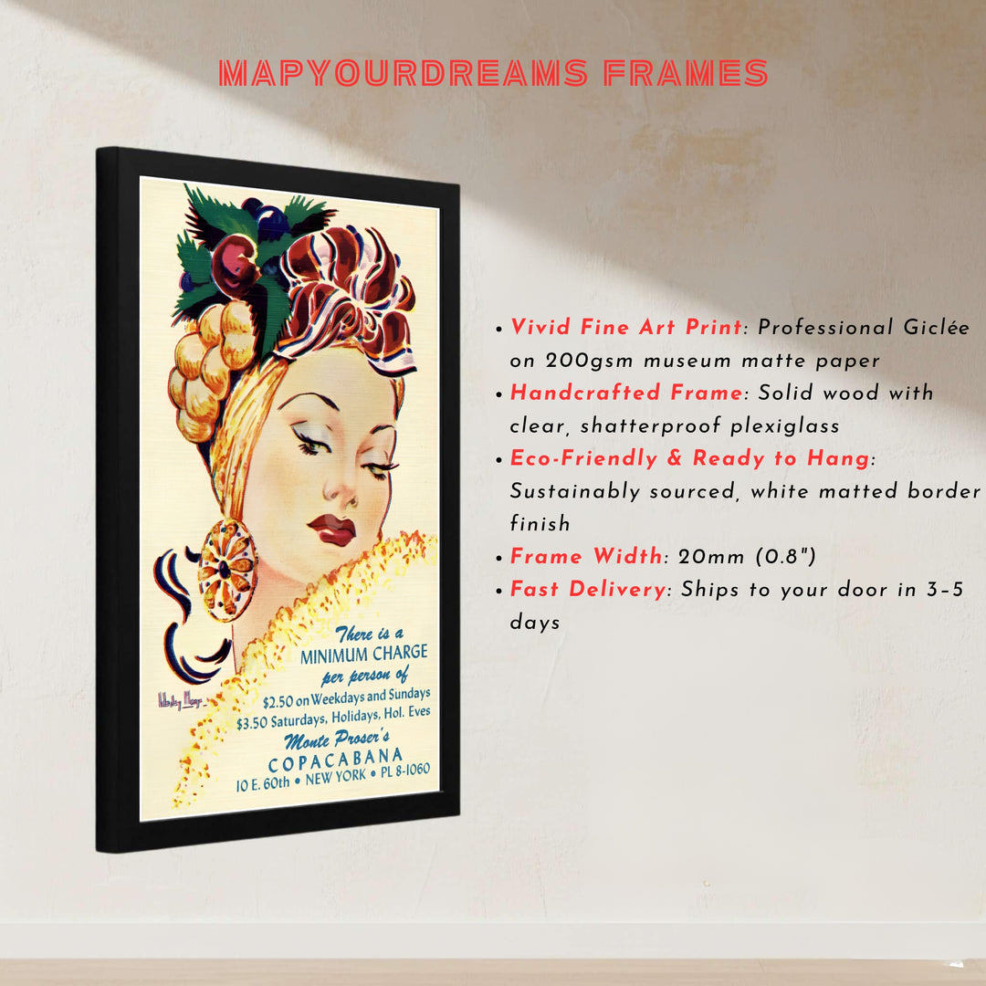 Classic Copacabana NYC venue art print showcasing 1940s showgirl headpiece artwork and East 60th Street address details, offered by MapYourDreams as an unframed paper print, stretched canvas wall art, or custom framed print in natural wood finishes.